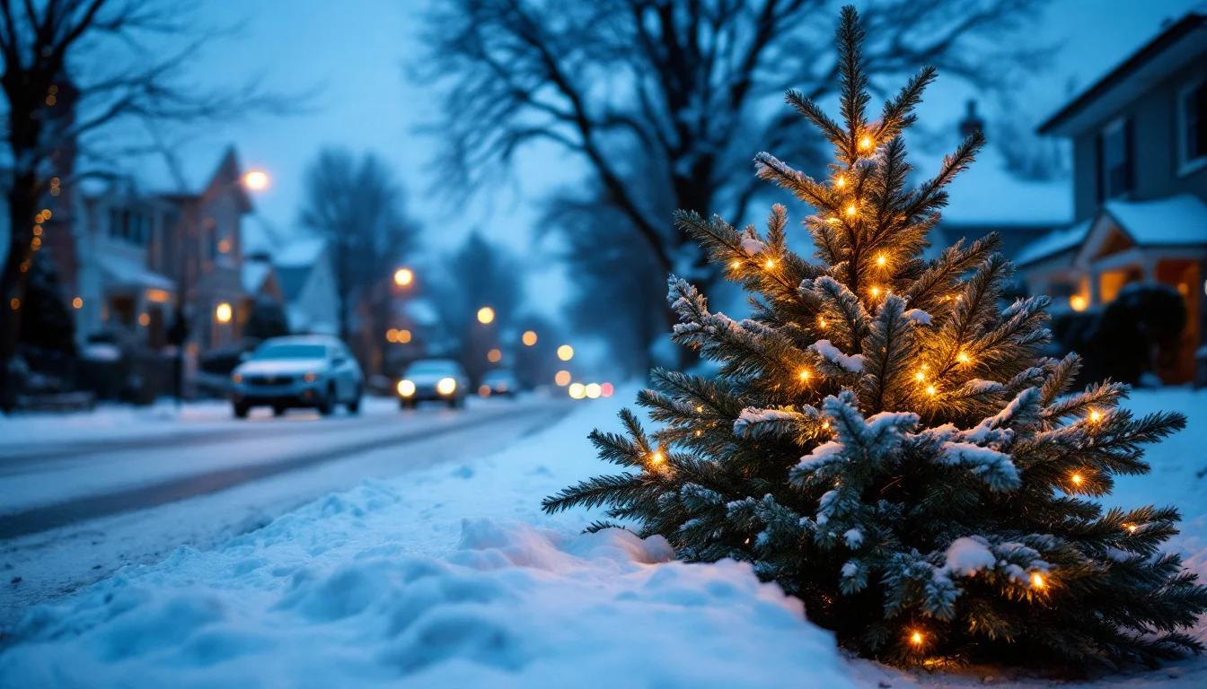 A discarded Christmas tree at the curb on a snowy residential street at dusk