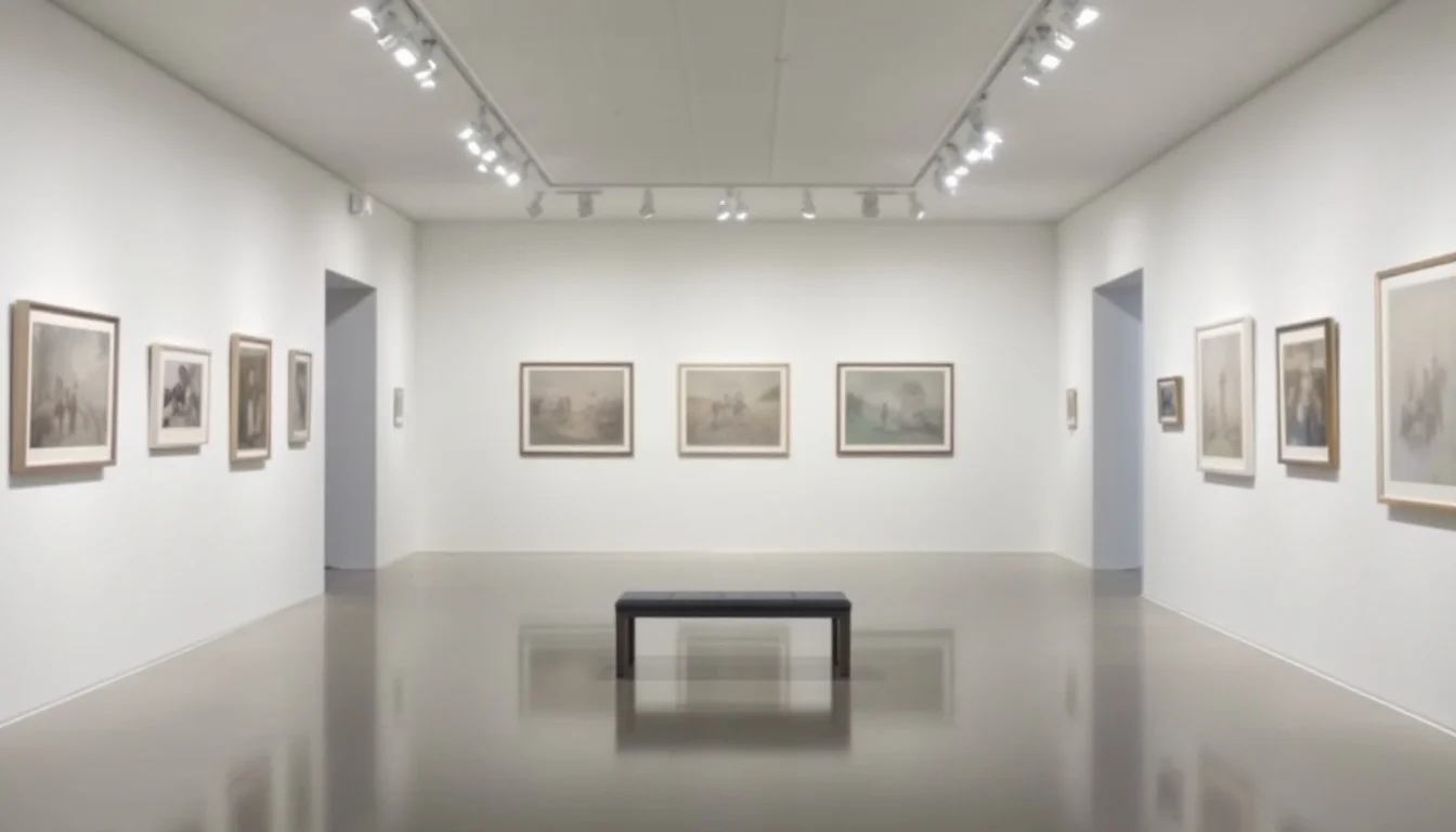 A quiet contemporary gallery room with framed artworks on white walls