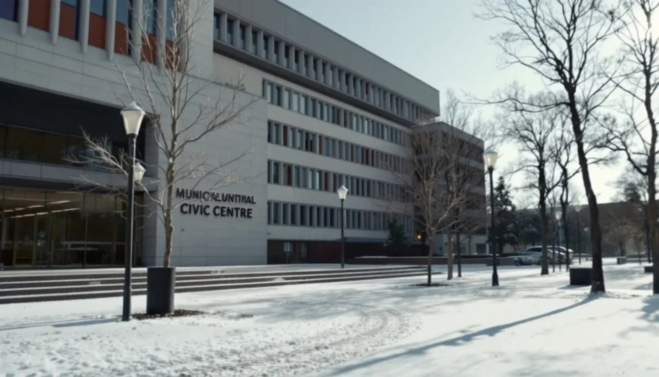 A modern civic centre building on a snowy winter morning