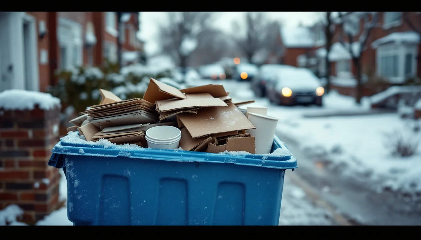 A blue recycling bin filled with packaging at the end of a snowy suburban driveway