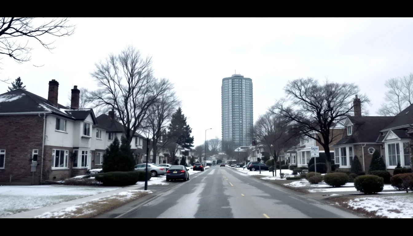 Suburban homes on a snowy street with a condo tower in the distance