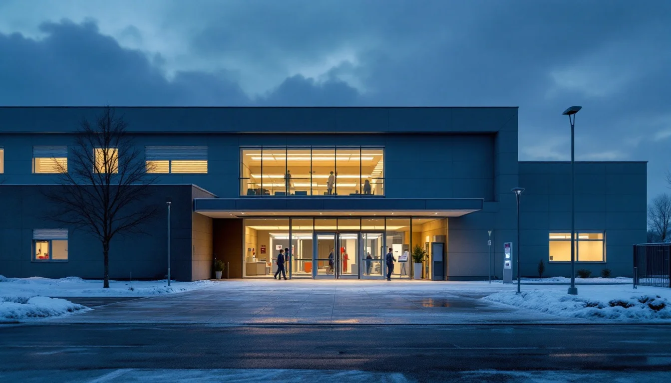 A hospital emergency department entrance at dusk in winter