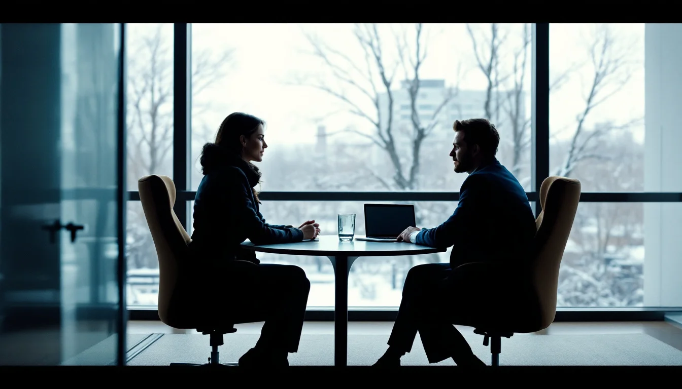 An empty office meeting room with two chairs and a laptop on the table