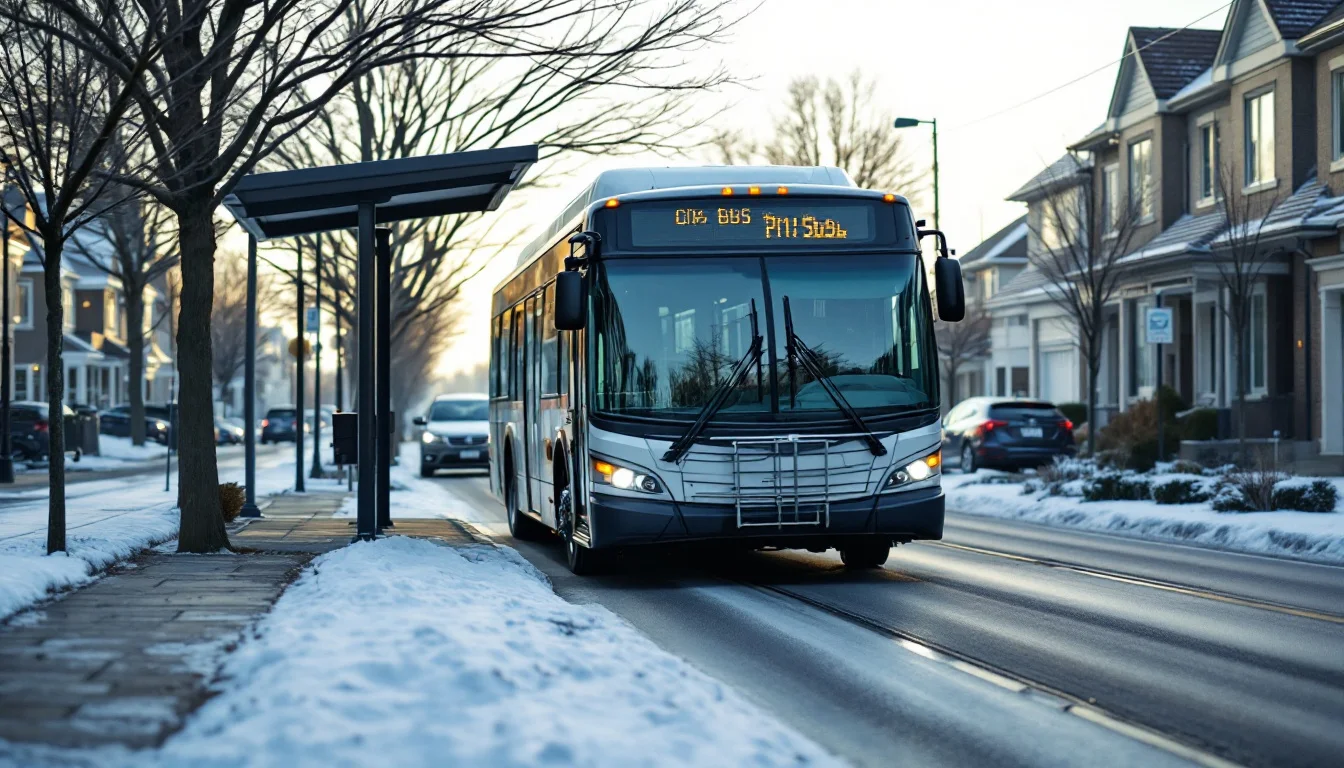 A city bus arriving at a stop beside new townhouses on a winter morning