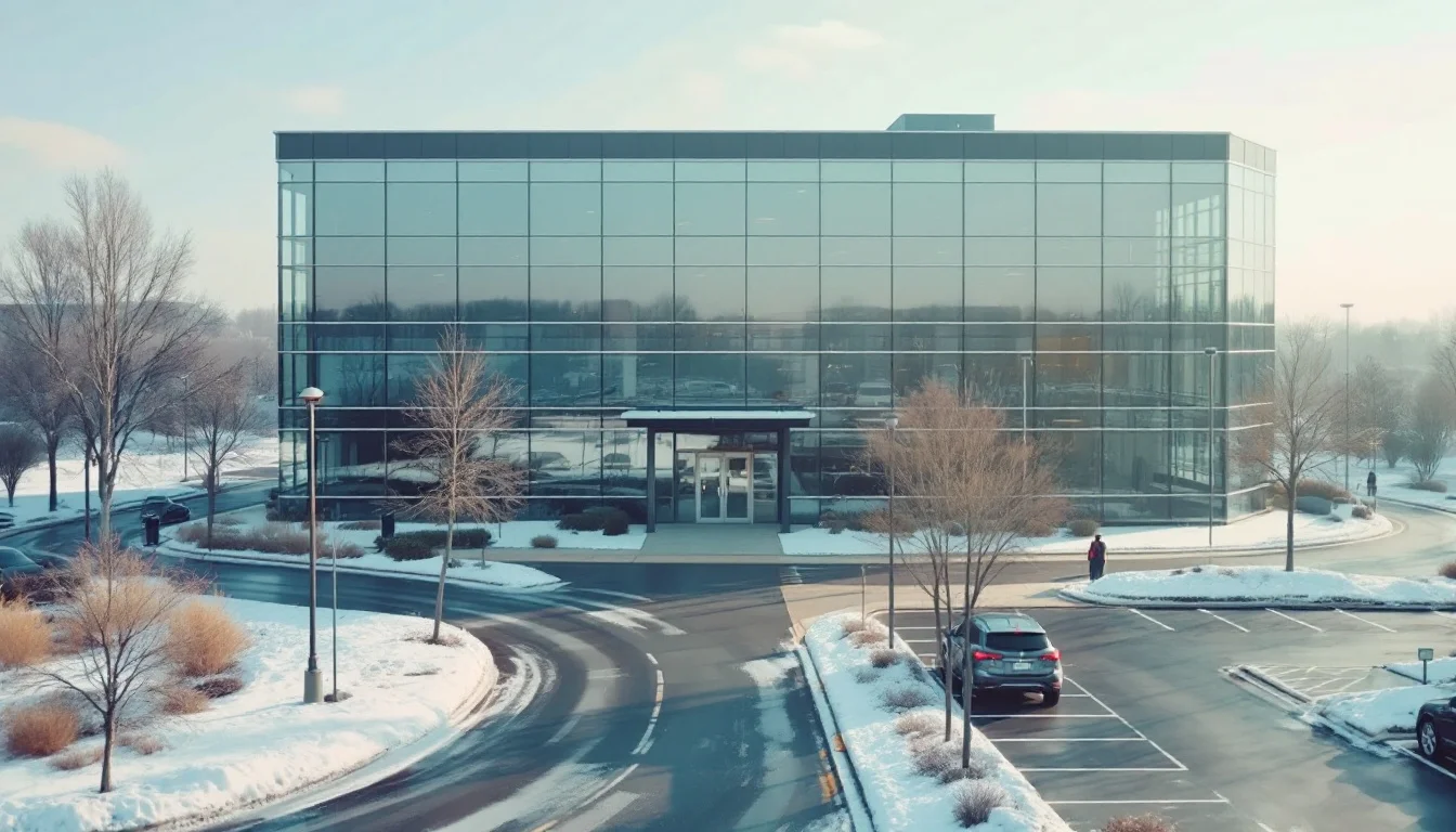 A glass office building in a suburban business park on a winter morning