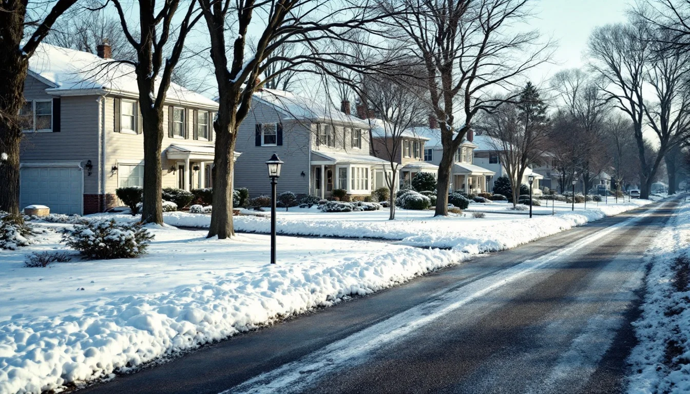 A row of suburban houses with snowy lawns on a winter afternoon