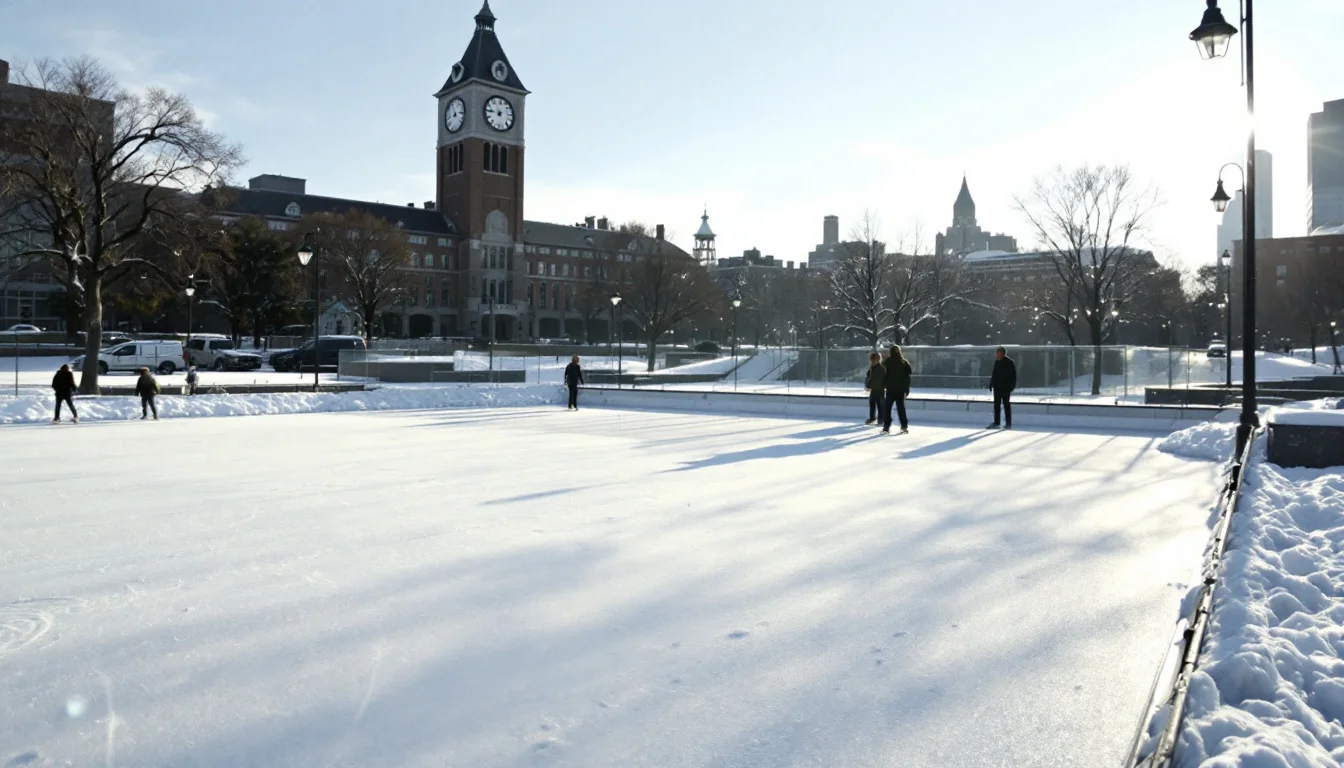 A city hall building next to an outdoor skating rink on a sunny winter afternoon