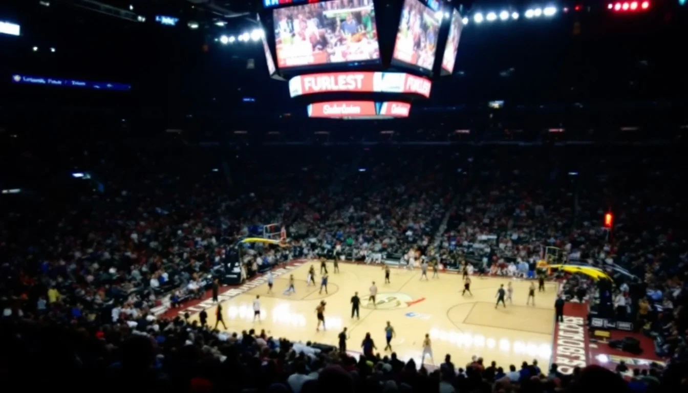 A basketball game in progress seen from high in the stands of an indoor arena