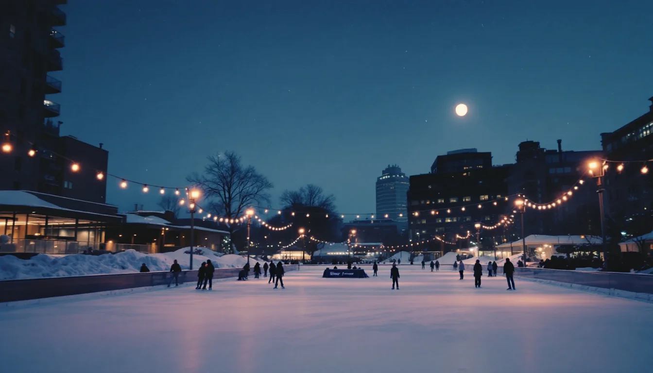 An outdoor skating rink in a city square at dusk with a full moon rising above it