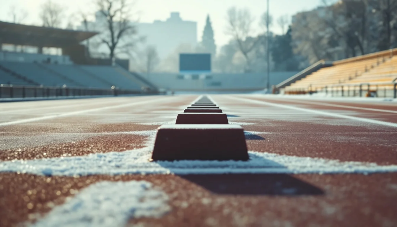 Starting blocks on an empty running track on a frosty winter morning
