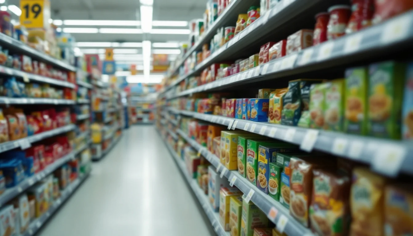 Rows of packaged foods on supermarket shelves