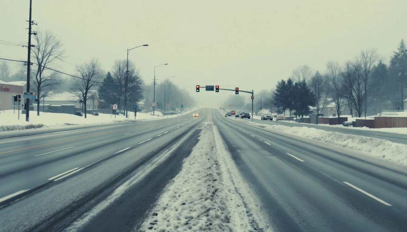 A wide suburban arterial road in winter with snowbanks along the edges