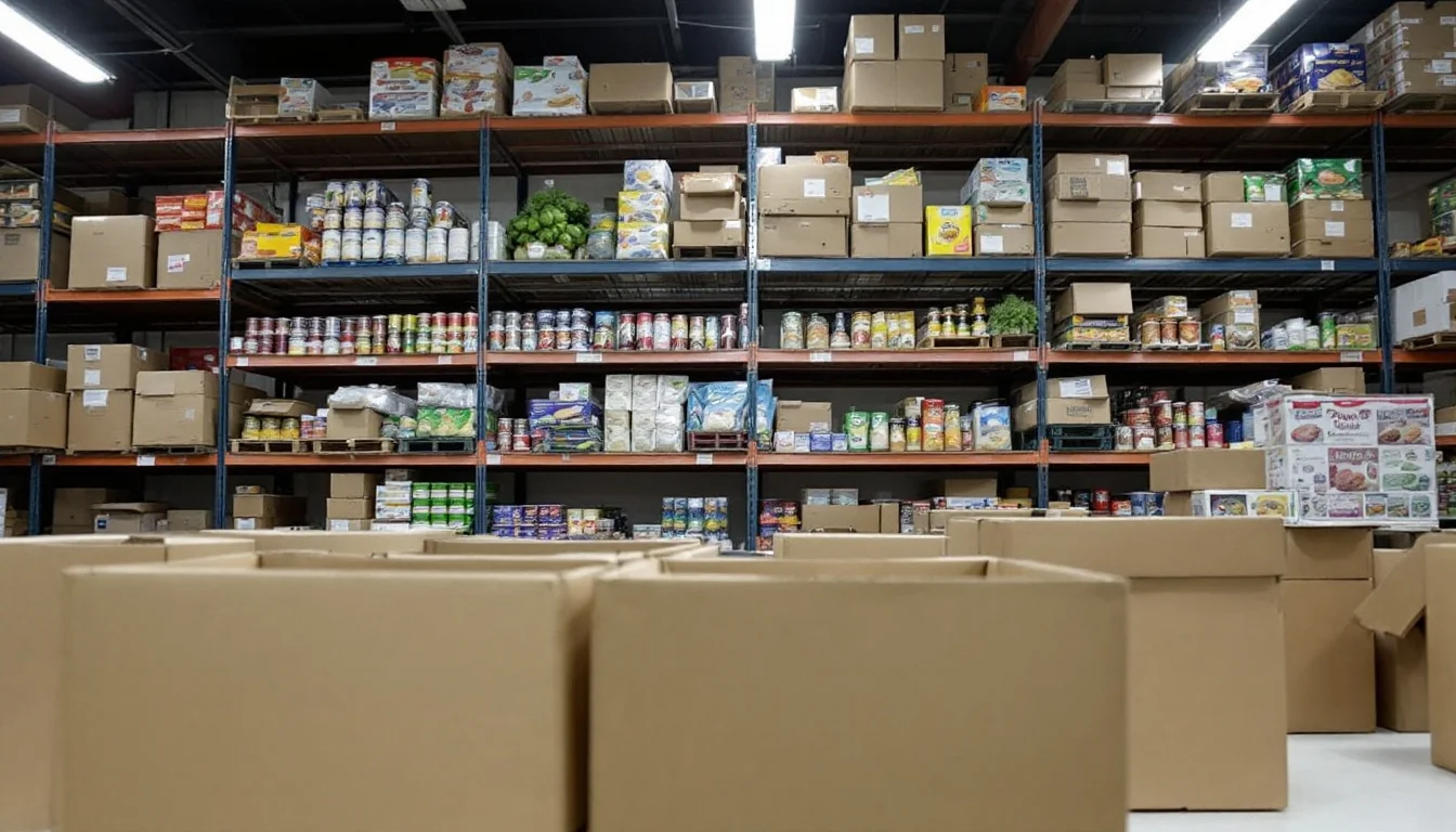 Shelves of canned goods and boxes of produce in a food bank warehouse