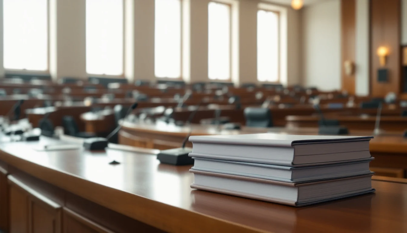 An empty city council chamber with wooden desks, microphones and a stack of binders