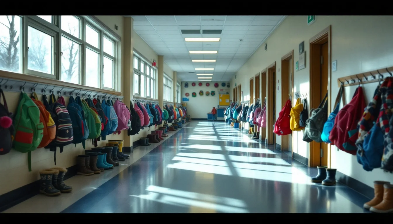 An empty school hallway with coats, backpacks and winter boots