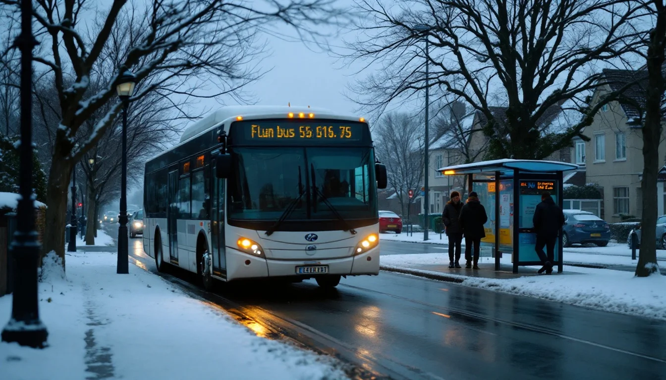 A city bus arriving at a suburban bus shelter on a snowy winter morning