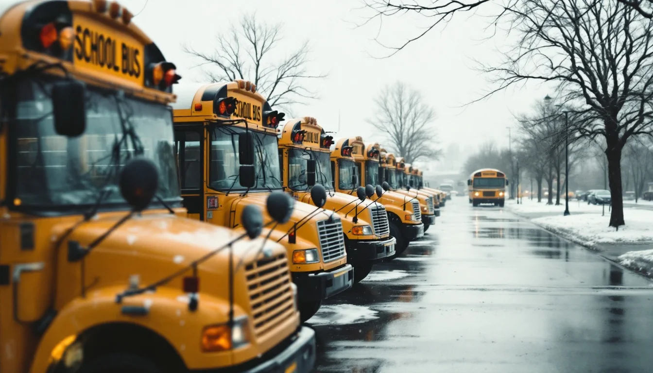 Parked school buses in a depot lot on an icy, overcast winter morning