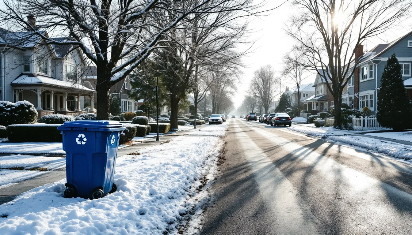 A snowy suburban street on a winter morning with a recycling bin at the curb