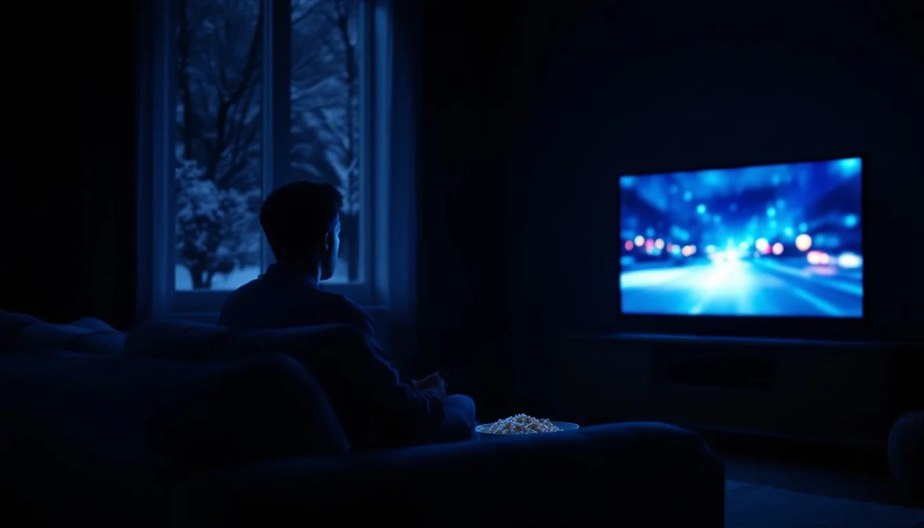 A living room at night lit by a television screen, with snow visible through the window