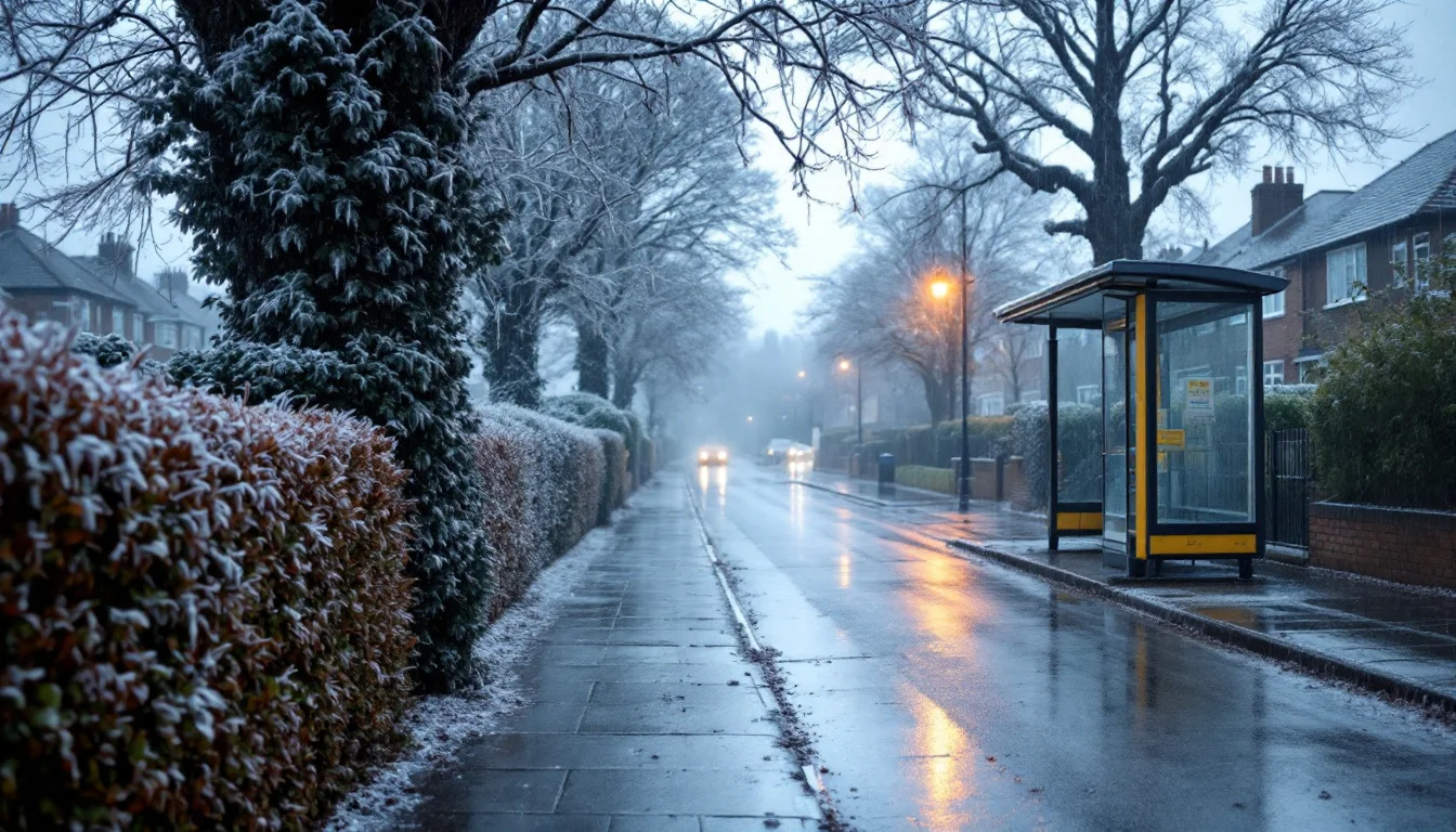 An empty suburban bus stop on an icy, grey winter morning