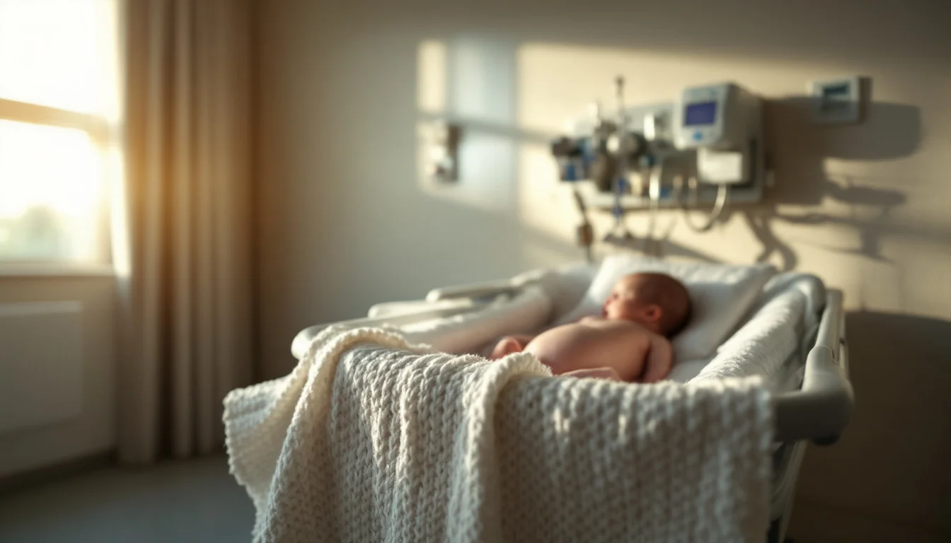 An empty hospital bassinet with a white blanket in a softly lit maternity room
