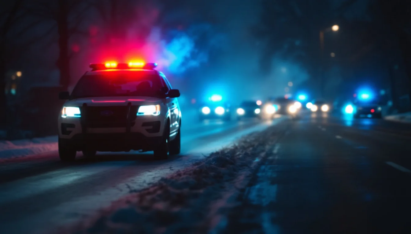 A line of cars approaching a police checkpoint on a winter night