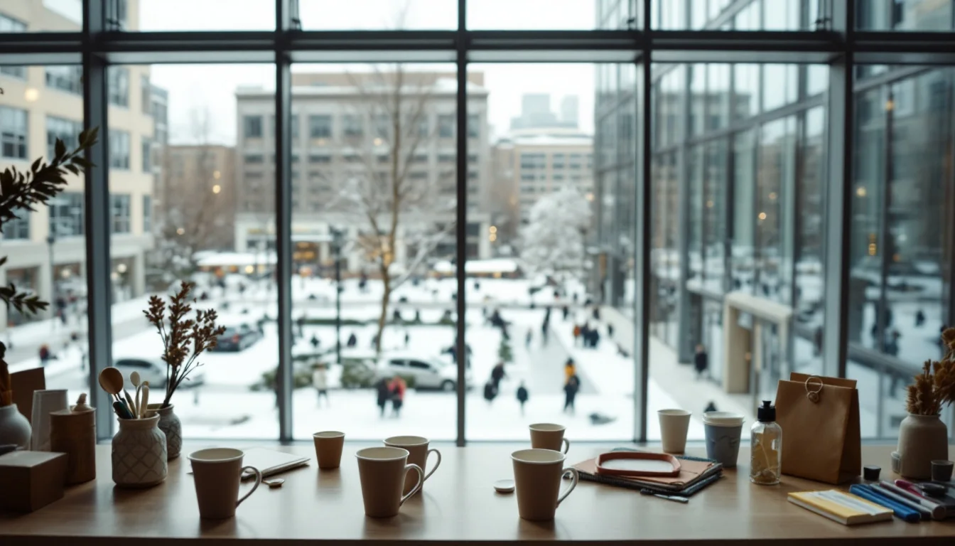 A bright university atrium with a table of hot chocolate and craft supplies and snow outside