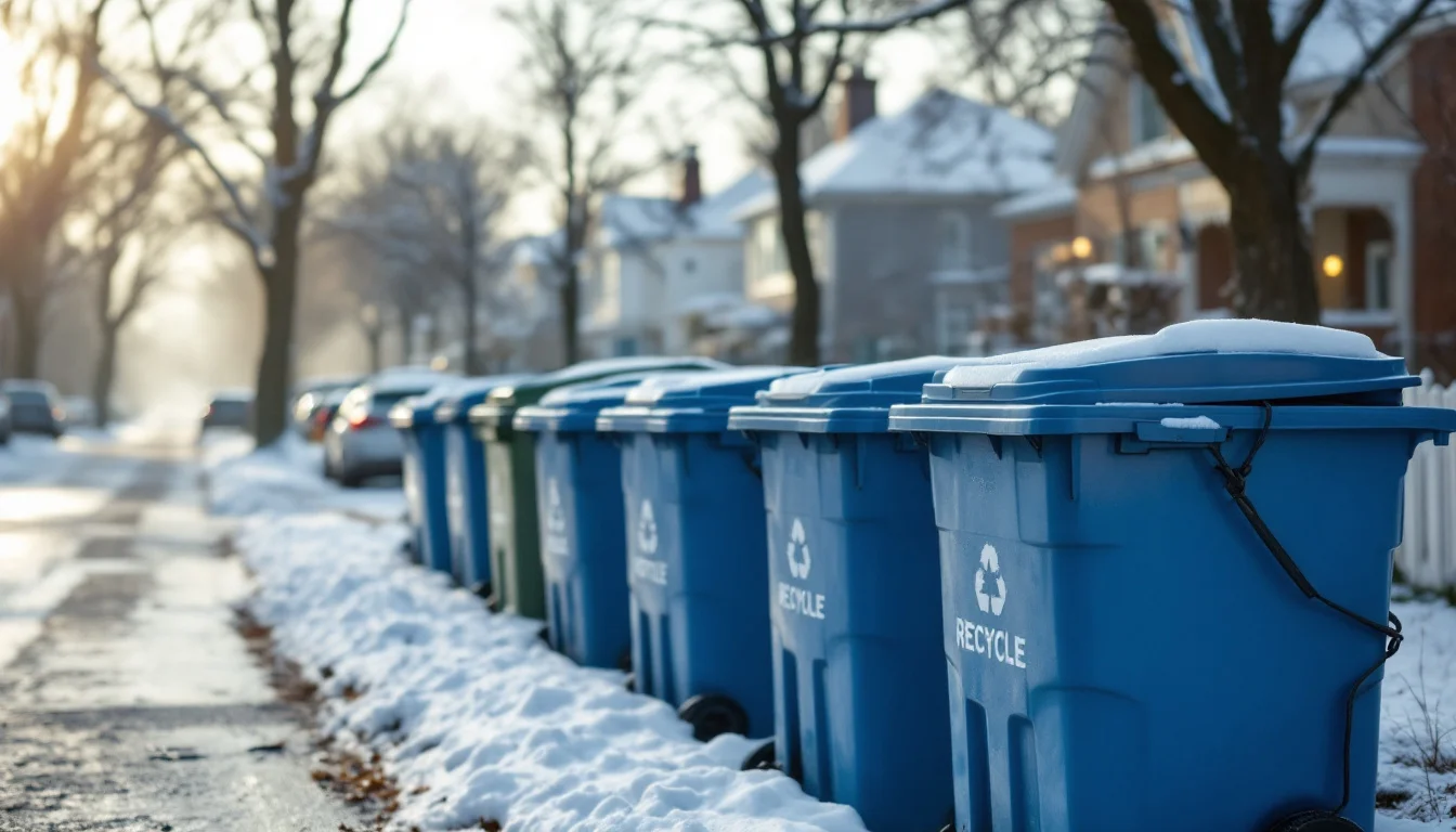 Blue recycling bins lined up at the curb on a snowy residential street