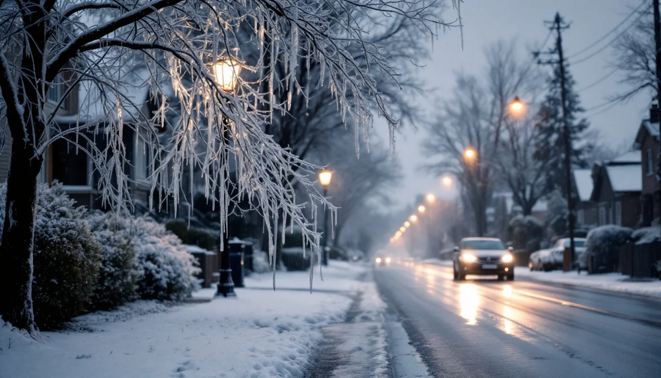 An ice-glazed suburban street with frozen tree branches during freezing rain