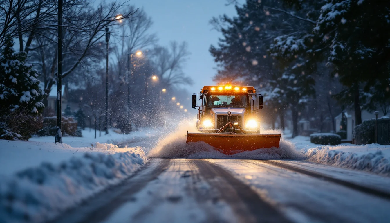 A snowplow clearing a residential road during a snowfall at dawn