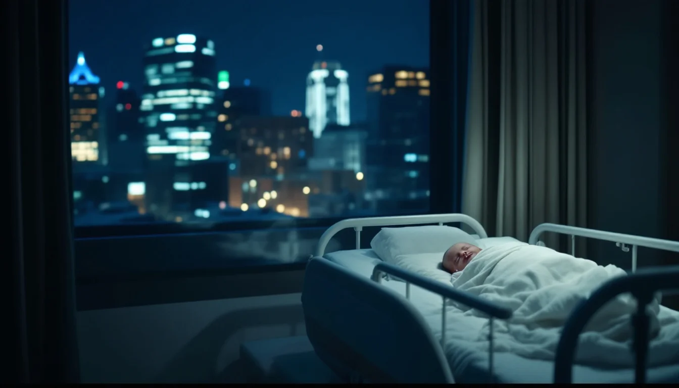 An empty hospital bassinet with a white blanket beside a window at night, with a city skyline outside