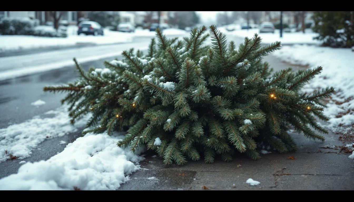 An undecorated Christmas tree placed at the curb beside a snowy driveway