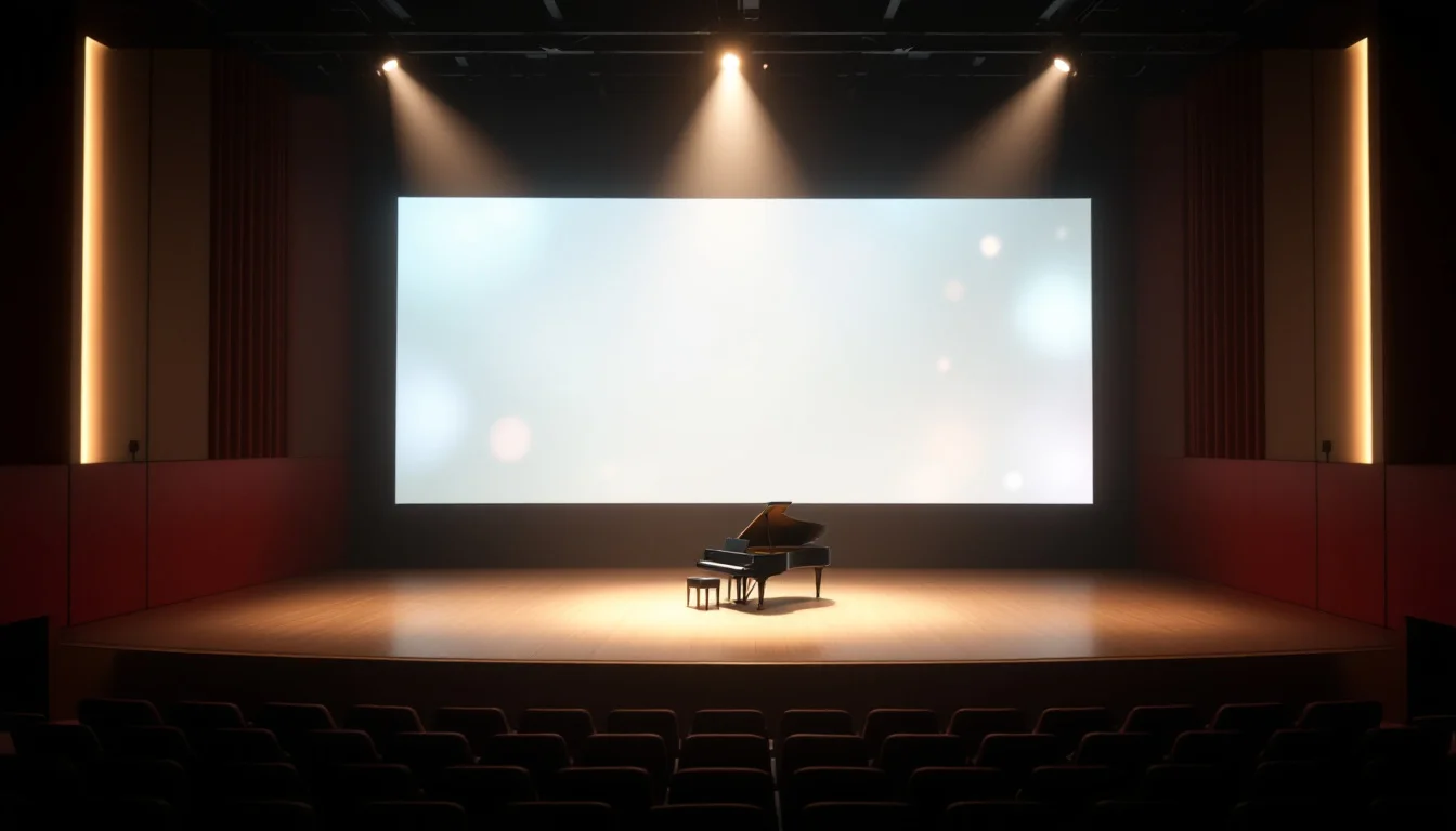 A grand piano on a spotlit theatre stage in front of a glowing projection screen