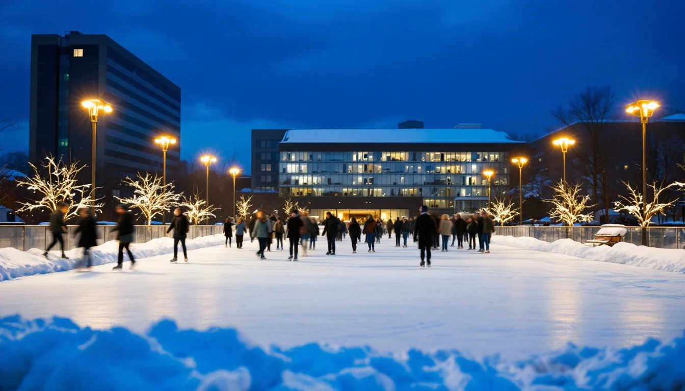 An outdoor skating rink beside a civic building at dusk with lights glowing