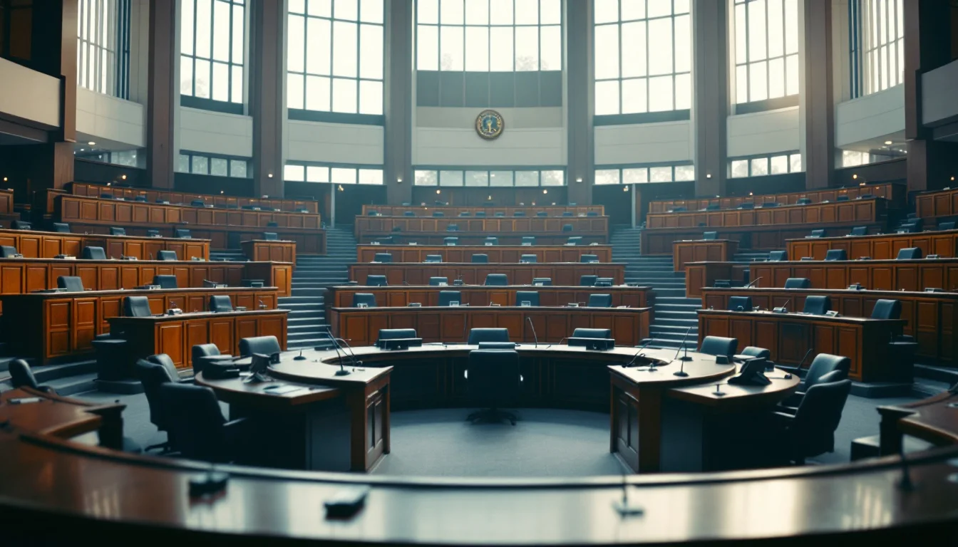 An empty city council chamber with wooden desks and microphones