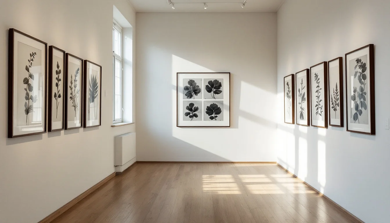 Framed botanical paintings hanging in a quiet, softly lit gallery