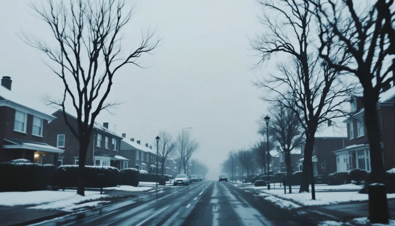 Thin smoke drifting above rooftops on a suburban street in winter