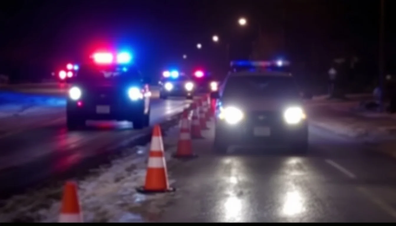 Traffic cones and flashing lights at a nighttime roadside check on a wet road