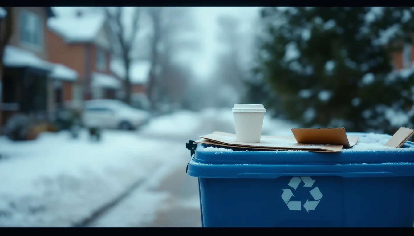 A blue recycling bin with a paper cup on top at the end of a snowy driveway