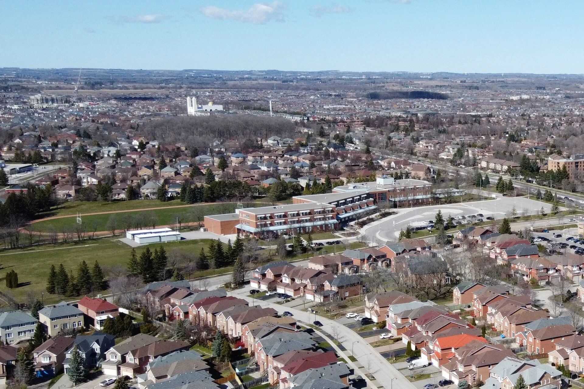 Aerial view of Markville Secondary School and its sports fields surrounded by Markham neighbourhoods