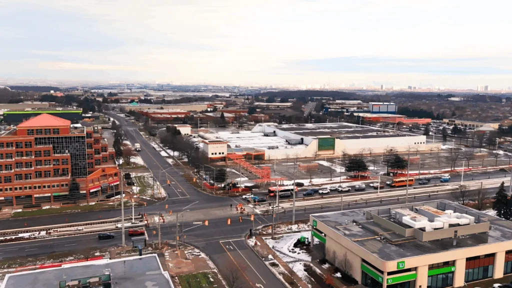 Aerial view of the former Highland Farms building and parking lot at Hurontario Street and Matheson Boulevard in winter