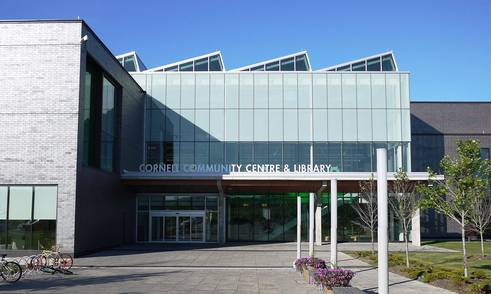 The main entrance of the Cornell Community Centre and Library in Markham