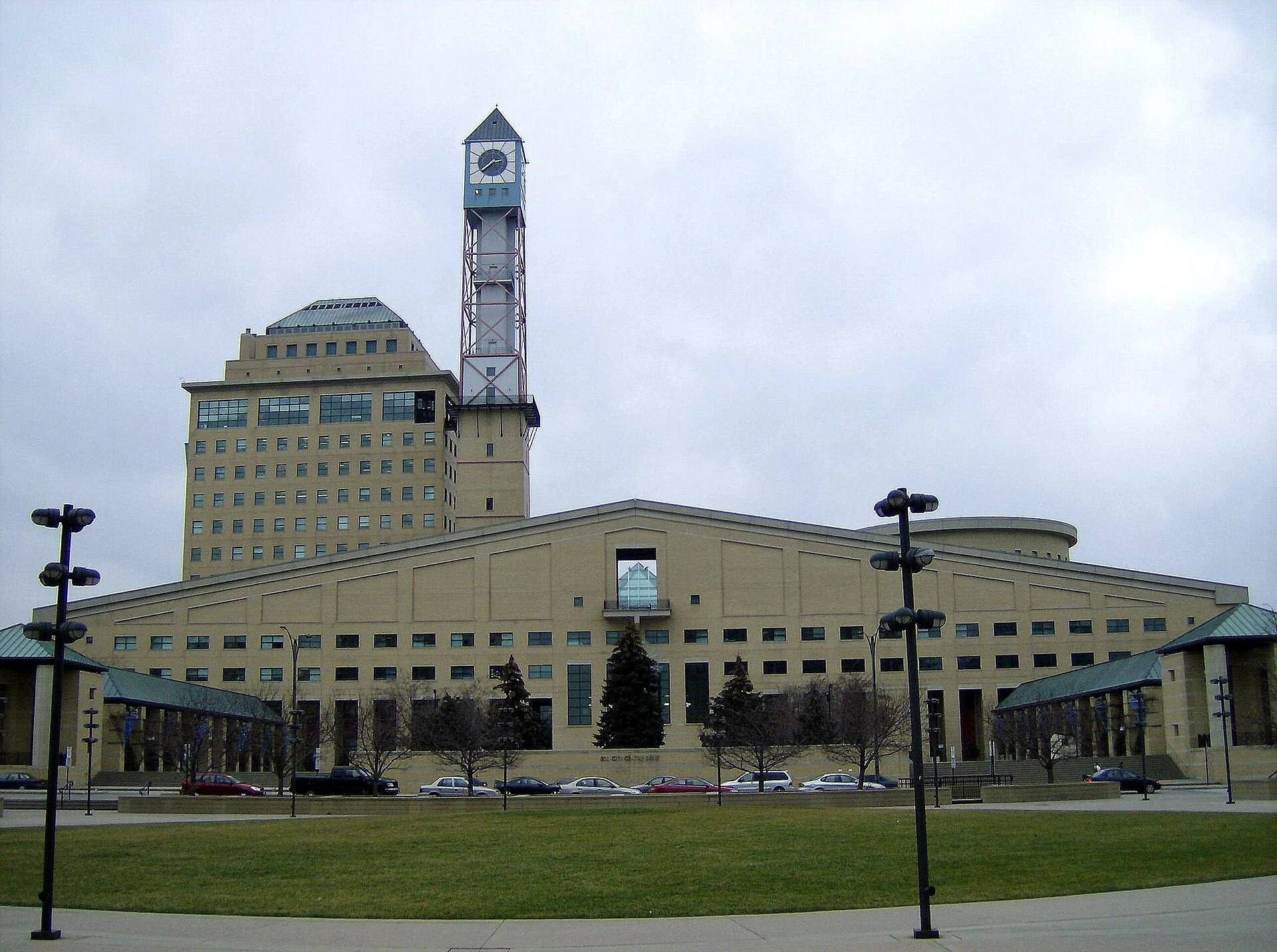 The clock tower above Mississauga's Civic Centre