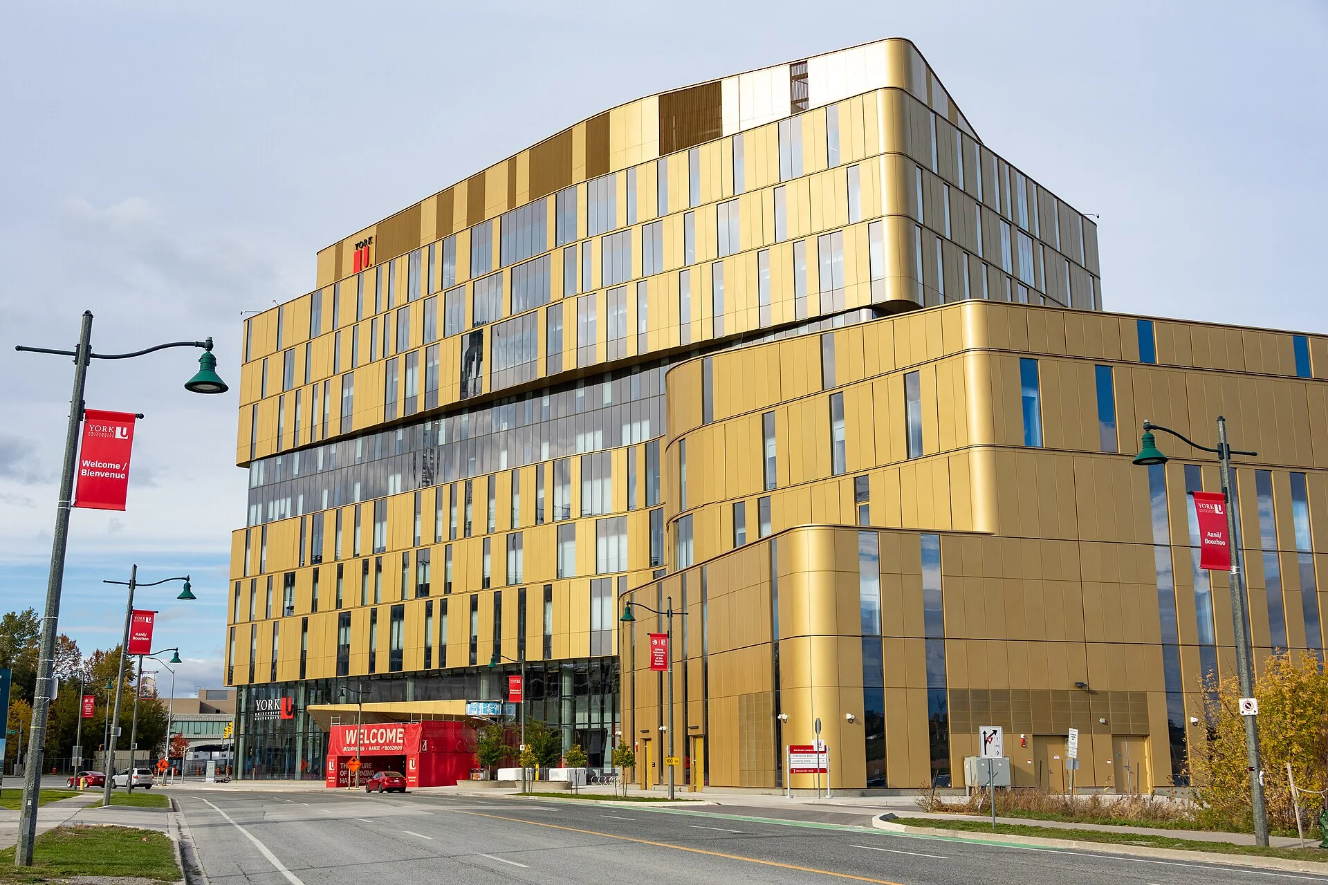 The gold-clad York University Markham Campus building in downtown Markham on a fall day