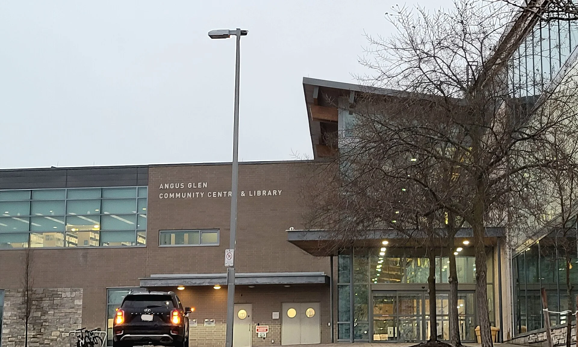 The entrance to the Angus Glen Community Centre and Library in Markham on an overcast day
