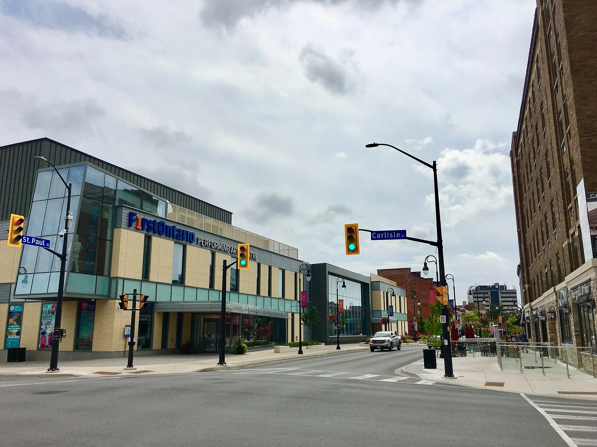 Illustration of a performing arts centre entrance in St. Catharines with autumn foliage.