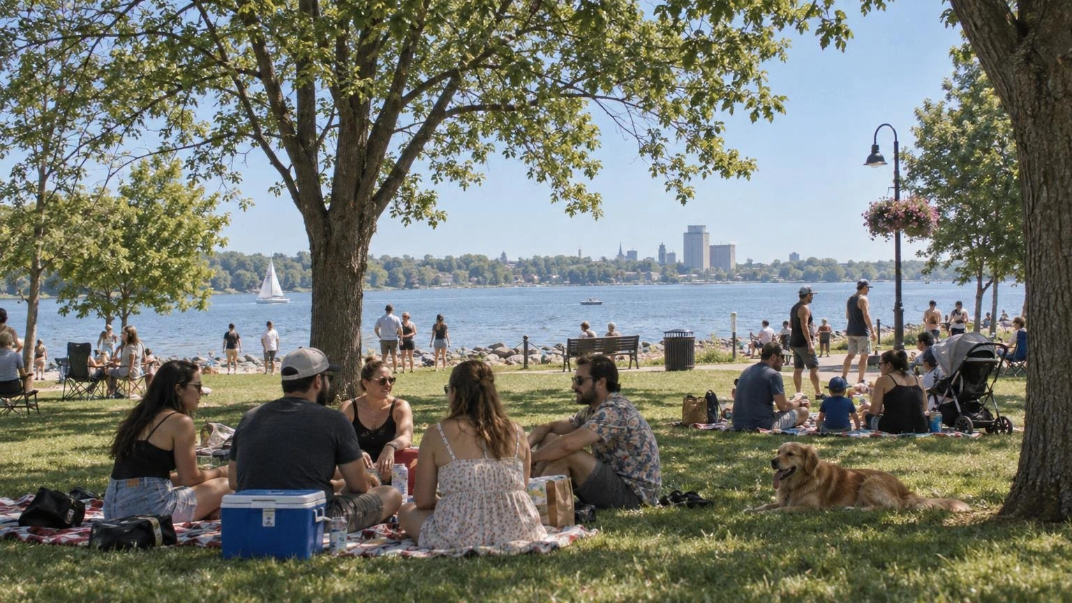 A sunny afternoon at a community picnic in a green park near a lake during summer.