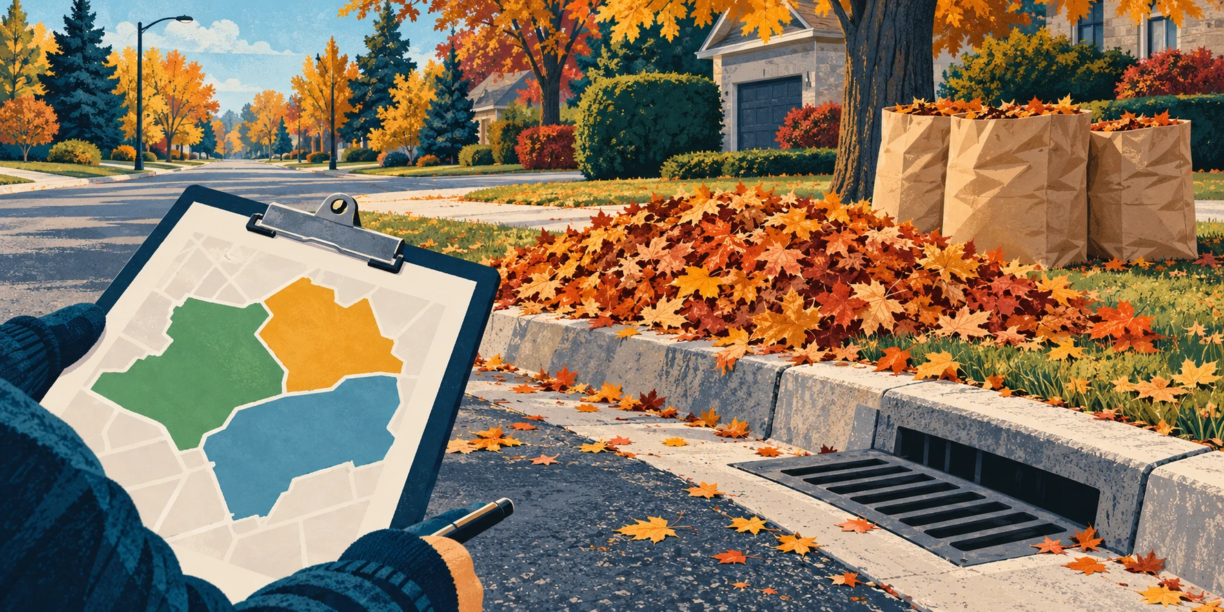 AI-generated conceptual illustration of autumn leaves, paper yard-waste bags and a street drain; not an actual pickup route map.