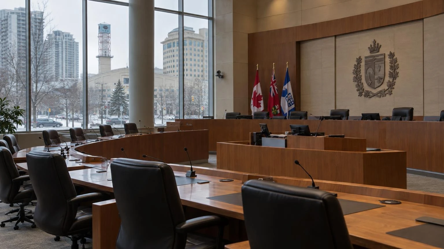 A close-up of a municipal council chamber with rows of empty desks and microphones under soft indoor lighting.
