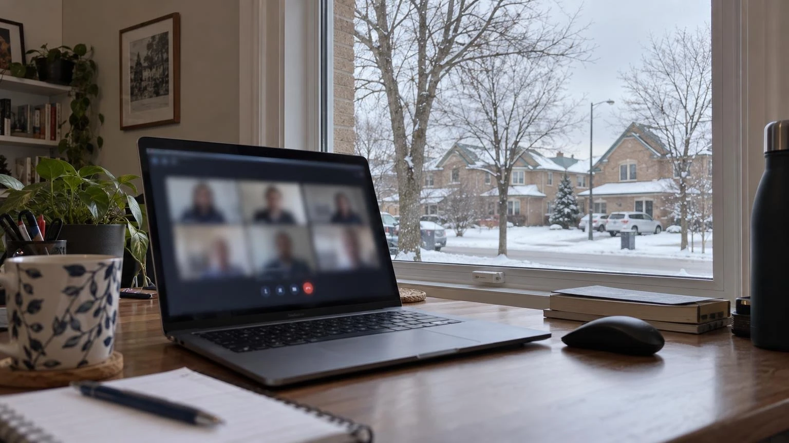 A close-up shot of a laptop on a wooden desk in a residential room, showing a blurred video call interface on the screen.